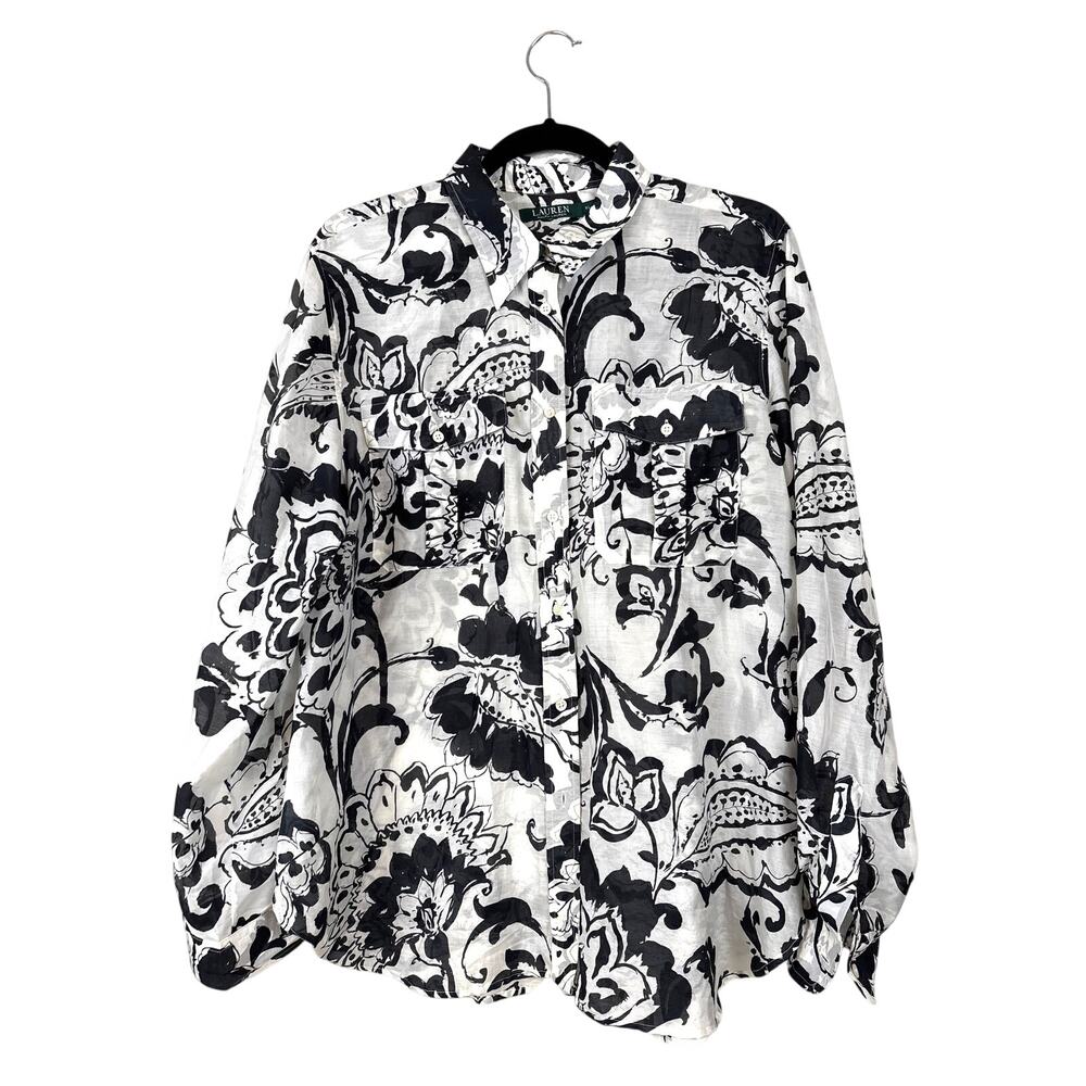 Lauren Ralph Lauren Womens XL Black White Floral Silk Blend Button Up Shirt